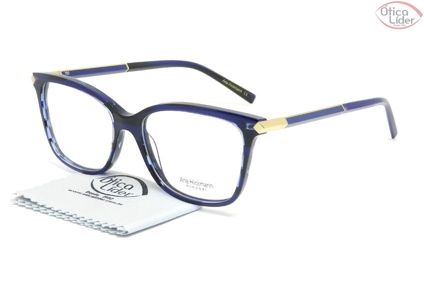 Armação Ana Hickmann AH6292 e03 54 Acetato Azul Mesclado / Metal Dourado