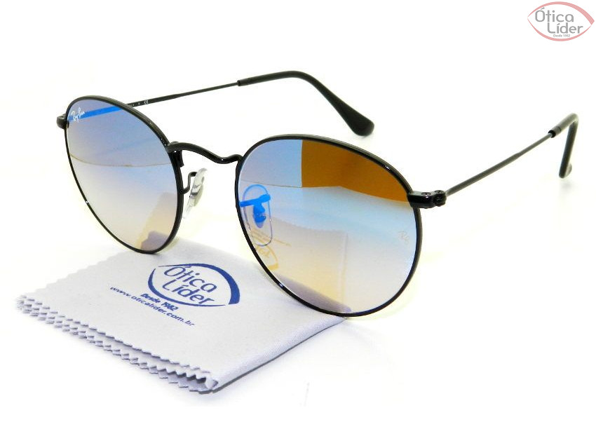 Ray-Ban RB 3447 002/4o 53 Round Metal Preto Azul Espelhado